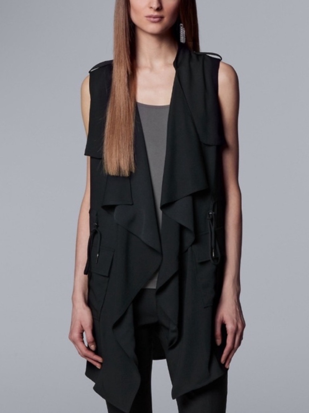 Simply Vera Vera Wang Black Drape Front Utility Vest Small NWT Trench Style